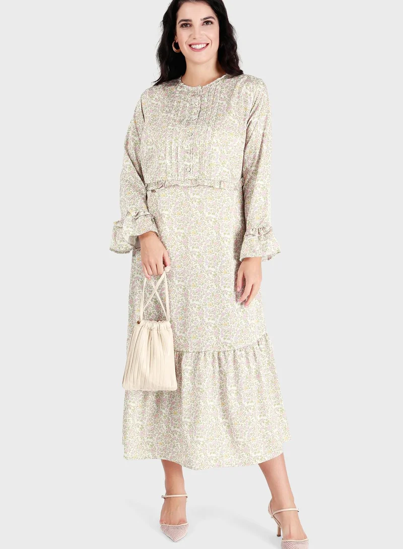 Alia by modanisa Printed Ruffle Detail Dress