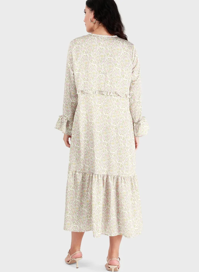 Alia by modanisa Printed Ruffle Detail Dress