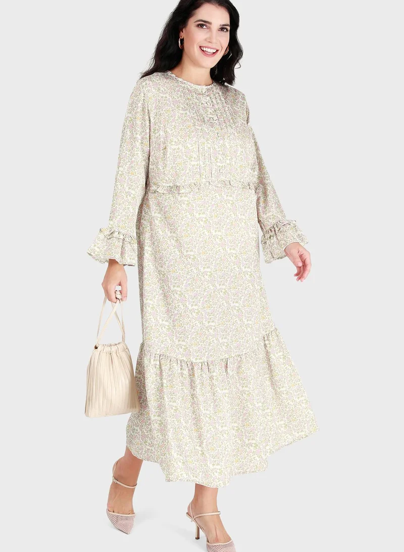 Alia by modanisa Printed Ruffle Detail Dress