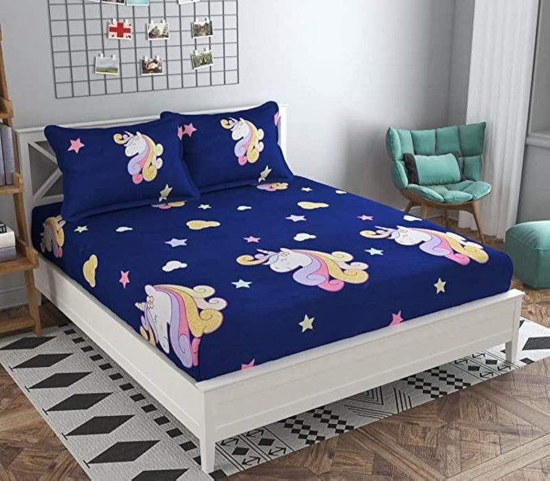 Akshya Elastic Fitted King Size bedsheet with 2 Pillow Covers | Elastic King Size Fitted bedsheet | (King, Blue Unicorn) - Image 1