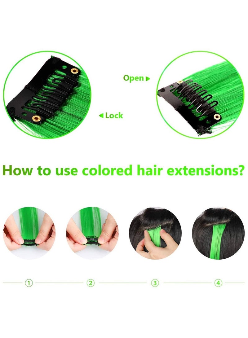 إستيل وصلات شعر ملونة مقاس 22 بوصة قطعة شعر مستقيمة متعددة الألوان للحفلات مزودة بمشبك في وصلات شعر صناعية 10 قطع أخضر - Image 5