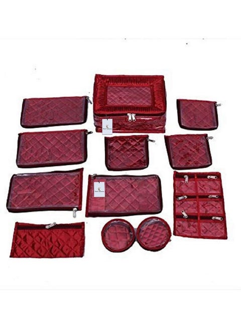 Kuber Industries Satin Jewellery Kit With 12 Pouches|Transparent Pouches With Box|Different Size & Shape|Size 11 x 25 x 16 CM (Maroon)