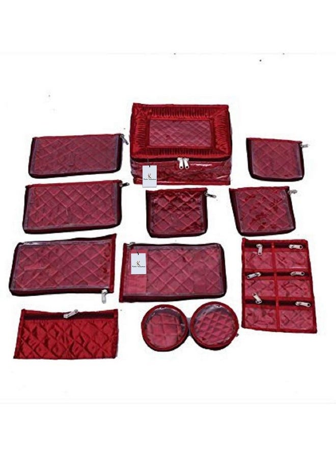 Kuber Industries Kuber Industries Satin Jewellery Kit With 12 Pouches|Transparent Pouches With Box|Different Size & Shape|Size 11 x 25 x 16 CM (Maroon)  - Image 1