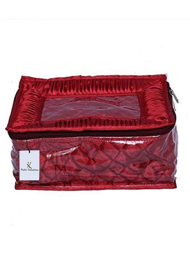 Kuber Industries Kuber Industries Satin Jewellery Kit With 12 Pouches|Transparent Pouches With Box|Different Size & Shape|Size 11 x 25 x 16 CM (Maroon)  - Image 3