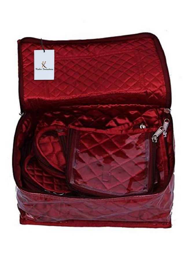 Kuber Industries Kuber Industries Satin Jewellery Kit With 12 Pouches|Transparent Pouches With Box|Different Size & Shape|Size 11 x 25 x 16 CM (Maroon)  - Image 2