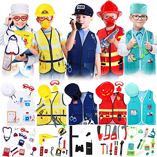 Deekin 5 Sets Kids Dress up Costumes Toddler Dress up Clothes for Boys Girls Community Helpers Construction Worker Police Firefighter Doctor Surgeon Pretend Outfits for Ages 37 - Image 1