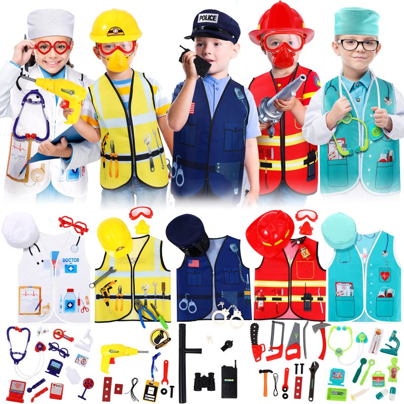 Deekin 5 Sets Kids Dress up Costumes Toddler Dress up Clothes for Boys Girls Community Helpers Construction Worker Police Firefighter Doctor Surgeon Pretend Outfits for Ages 37 - Image 3