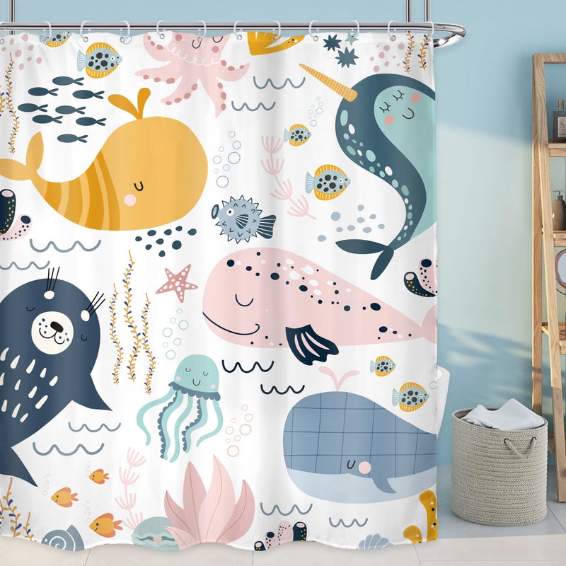 LGhtyro Cartoon Whale Shower Curtain Bathroom Set 60Wx71H Inches Kids Fish Baby Ocean Animals Underwater Sea Boys Girls Child Bath Accessories Coral Plant Jellyfish Art Home Decor Fabric 12 Pack Hooks - Image 1
