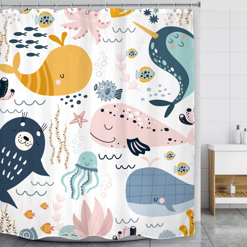 LGhtyro Cartoon Whale Shower Curtain Bathroom Set 60Wx71H Inches Kids Fish Baby Ocean Animals Underwater Sea Boys Girls Child Bath Accessories Coral Plant Jellyfish Art Home Decor Fabric 12 Pack Hooks - Image 2