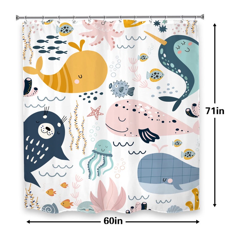 LGhtyro Cartoon Whale Shower Curtain Bathroom Set 60Wx71H Inches Kids Fish Baby Ocean Animals Underwater Sea Boys Girls Child Bath Accessories Coral Plant Jellyfish Art Home Decor Fabric 12 Pack Hooks - Image 5