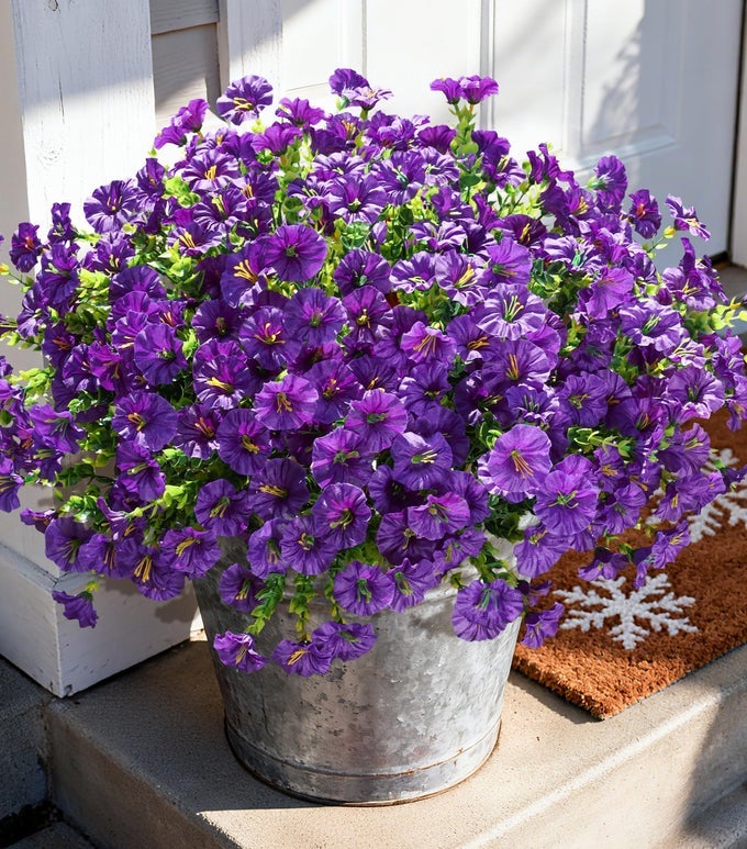ARTIFICIAL FLOWERS FAKE PLANTS FOR OUTDOORS DECORATION 12 BUNDLES PURPLE SILK MORNING GLORY WITH EUCALYPTUS REALISTIC UV RESISTANT FAUX FLOWERS GREENERY FOR OUTSIDE PLANTER YARD GARDEN HOME INDOOR