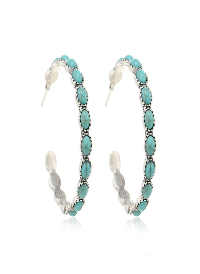 SCRDPRAD Bohemian Silver-Tone Faux Turquoise Round Hoop Natural Colorful Stone Beaded Drop Dangle Earrings Western Cowgirl Retro Vintage Ethnic Boho Jewelry for Women-blue - Image 1