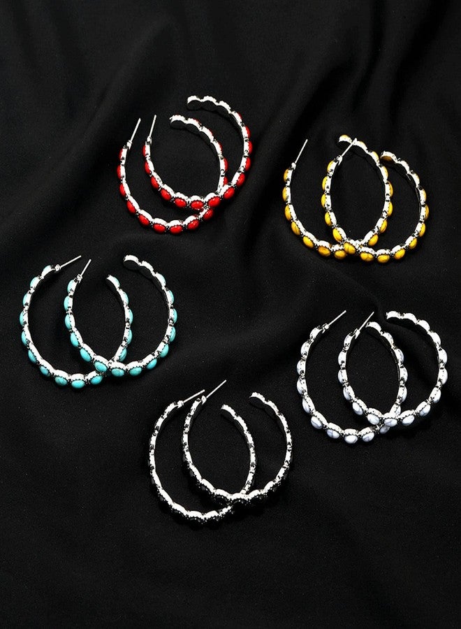SCRDPRAD Bohemian Silver-Tone Faux Turquoise Round Hoop Natural Colorful Stone Beaded Drop Dangle Earrings Western Cowgirl Retro Vintage Ethnic Boho Jewelry for Women-blue - Image 3