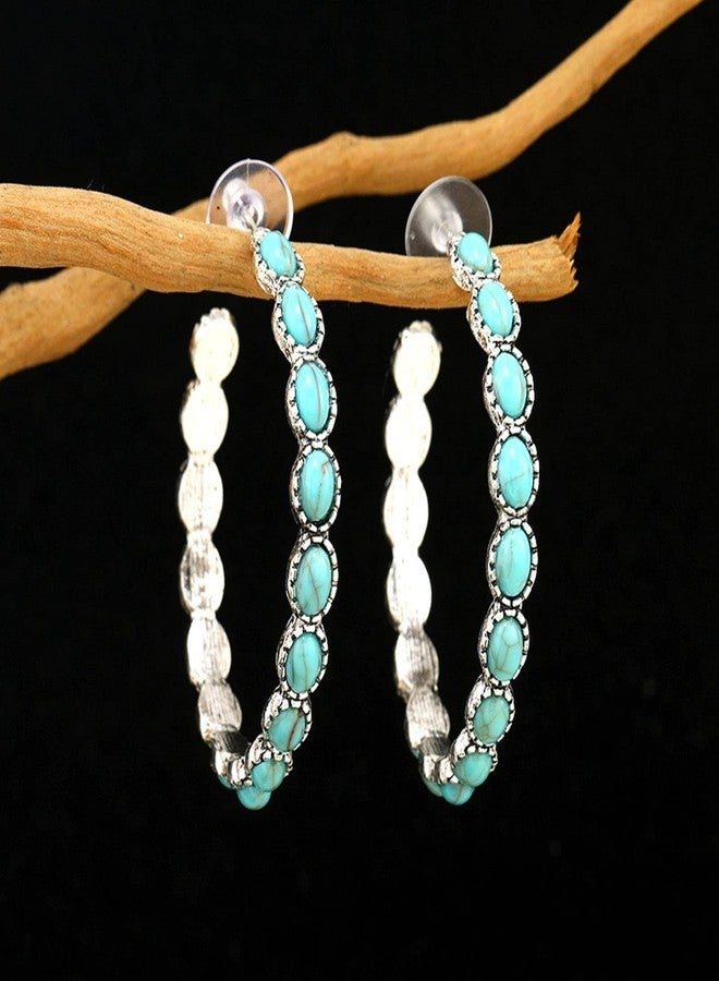 SCRDPRAD Bohemian Silver-Tone Faux Turquoise Round Hoop Natural Colorful Stone Beaded Drop Dangle Earrings Western Cowgirl Retro Vintage Ethnic Boho Jewelry for Women-blue - Image 2