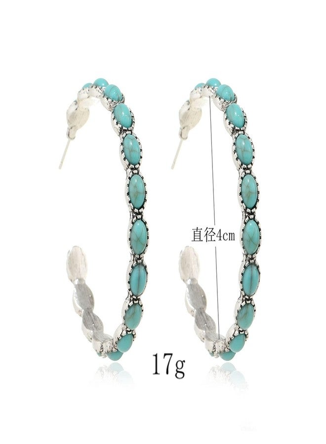 SCRDPRAD Bohemian Silver-Tone Faux Turquoise Round Hoop Natural Colorful Stone Beaded Drop Dangle Earrings Western Cowgirl Retro Vintage Ethnic Boho Jewelry for Women-blue - Image 4