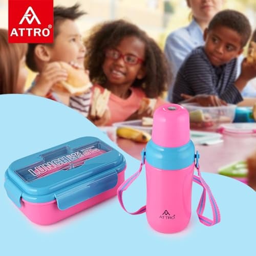 ATTRO Plastic Magic Combo Set 1 Lunch Box & 1 Water Bottle BPA Free Food Grade Perfect for School Kids - Blue Pink, 1200 Milliliters - Image 2