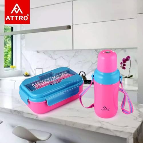ATTRO Plastic Magic Combo Set 1 Lunch Box & 1 Water Bottle BPA Free Food Grade Perfect for School Kids - Blue Pink, 1200 Milliliters - Image 3