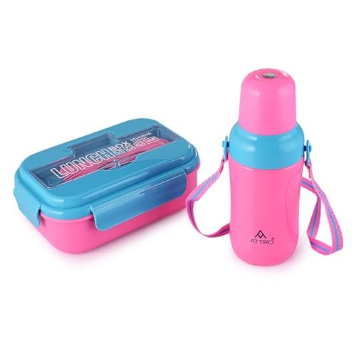 ATTRO Plastic Magic Combo Set 1 Lunch Box & 1 Water Bottle BPA Free Food Grade Perfect for School Kids - Blue Pink, 1200 Milliliters - Image 1