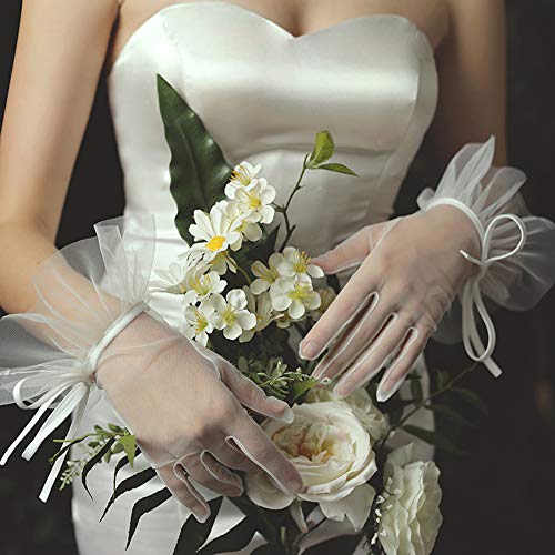 QRBTSCL Women's Tulle Ruffled Bowknot Wedding Party Gloves Short Prom Evening Gloves Ivory-New - Image 5