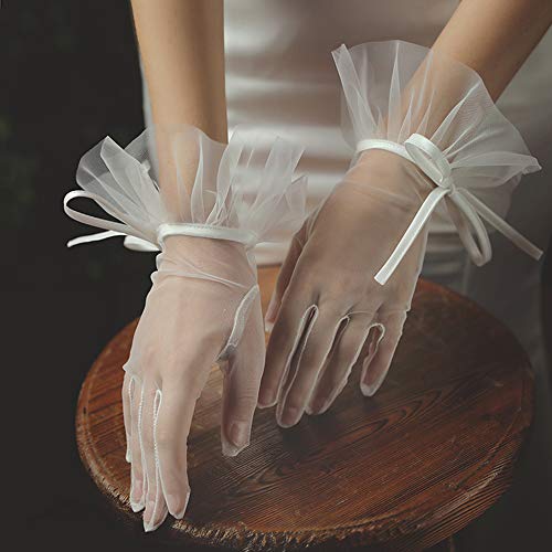 QRBTSCL Women's Tulle Ruffled Bowknot Wedding Party Gloves Short Prom Evening Gloves Ivory-New - Image 4