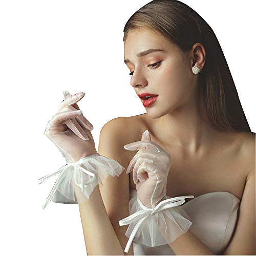 QRBTSCL Women's Tulle Ruffled Bowknot Wedding Party Gloves Short Prom Evening Gloves Ivory-New - Image 1