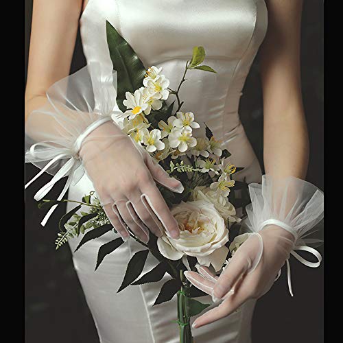 QRBTSCL Women's Tulle Ruffled Bowknot Wedding Party Gloves Short Prom Evening Gloves Ivory-New - Image 2