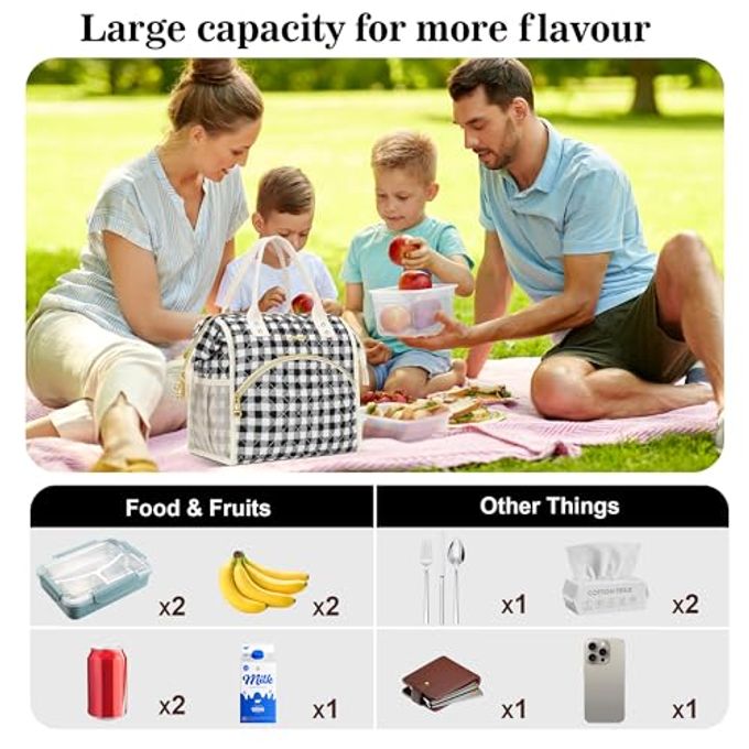 LOKASS Insulated Lunch Bag WomenReusable 10 L Lunch Box for Women Leakproof Tote Cooler Bag for Adults Work, Beach, Travel, Picnic Black&White Diamond Grid - Image 3