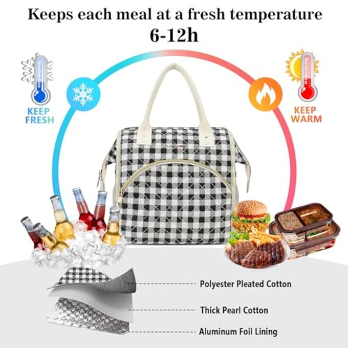 LOKASS Insulated Lunch Bag WomenReusable 10 L Lunch Box for Women Leakproof Tote Cooler Bag for Adults Work, Beach, Travel, Picnic Black&White Diamond Grid - Image 2