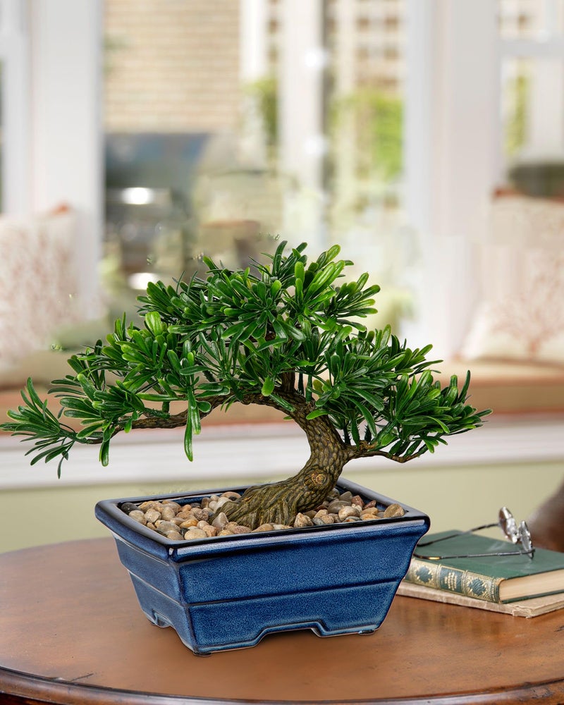Briful Artificial Bonsai Tree Faux Plants Indoor Small Fake Plants Decor with Blue Ceramic Pots for Home Table Office Desk Bathroom Shelf Bedroom Living Room Farmhouse Decorations - Image 3