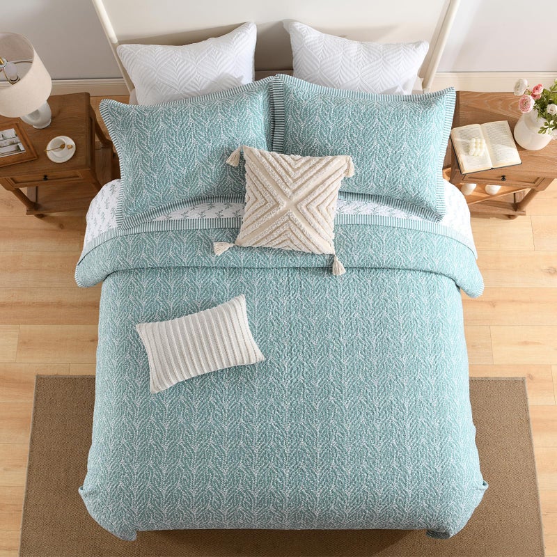 SahSahCasa Quilt Set Queen Size, 100% Cotton Quilt Bedding Set Bedspread, Botanical Pattern Solid Color Chic Lightweight Quilted Comforter for Queen Bed, White/Teal, All Season, 3PCs - Image 4