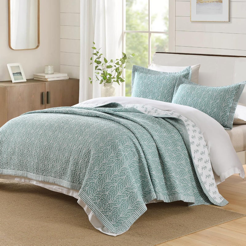 SahSahCasa Quilt Set Queen Size, 100% Cotton Quilt Bedding Set Bedspread, Botanical Pattern Solid Color Chic Lightweight Quilted Comforter for Queen Bed, White/Teal, All Season, 3PCs - Image 2