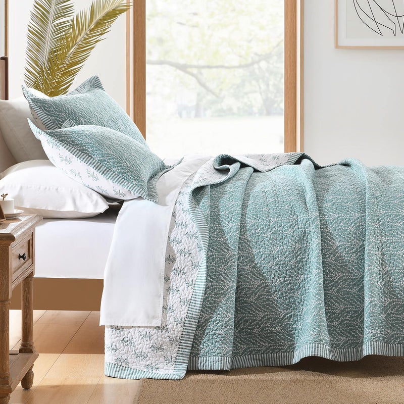 SahSahCasa Quilt Set Queen Size, 100% Cotton Quilt Bedding Set Bedspread, Botanical Pattern Solid Color Chic Lightweight Quilted Comforter for Queen Bed, White/Teal, All Season, 3PCs - Image 3