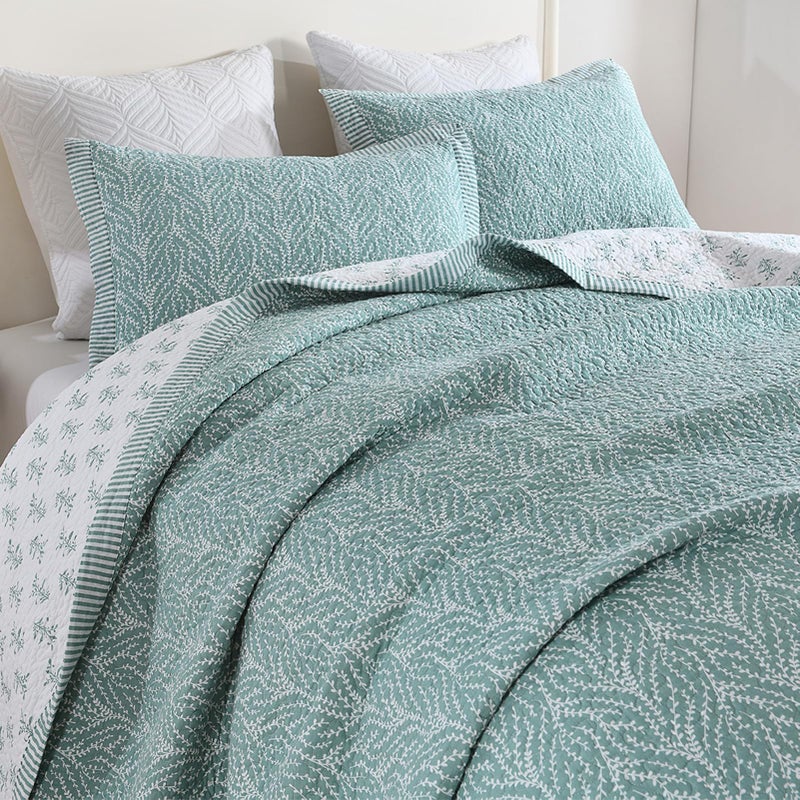 SahSahCasa Quilt Set Queen Size, 100% Cotton Quilt Bedding Set Bedspread, Botanical Pattern Solid Color Chic Lightweight Quilted Comforter for Queen Bed, White/Teal, All Season, 3PCs - Image 1