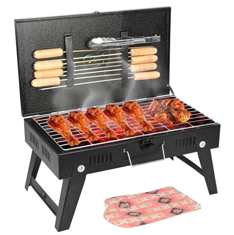 ORILEY شواية فحم محمولة | 4 مجموعة | 8 أسياخ | 1 قفاز | 1 ملقط | أدوات شواء قابلة للطي للمنزل والتخييم والنزهات والسفر والطهي (عبوة من 1، أسود) - Image 1