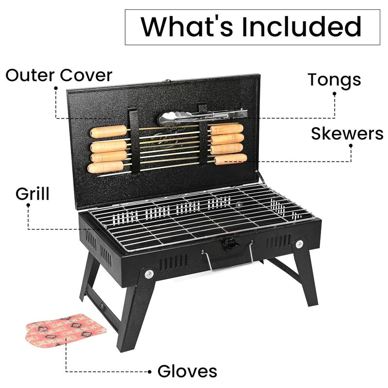 ORILEY شواية فحم محمولة | 4 مجموعة | 8 أسياخ | 1 قفاز | 1 ملقط | أدوات شواء قابلة للطي للمنزل والتخييم والنزهات والسفر والطهي (عبوة من 1، أسود) - Image 3