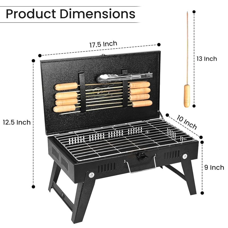 ORILEY شواية فحم محمولة | 4 مجموعة | 8 أسياخ | 1 قفاز | 1 ملقط | أدوات شواء قابلة للطي للمنزل والتخييم والنزهات والسفر والطهي (عبوة من 1، أسود) - Image 2