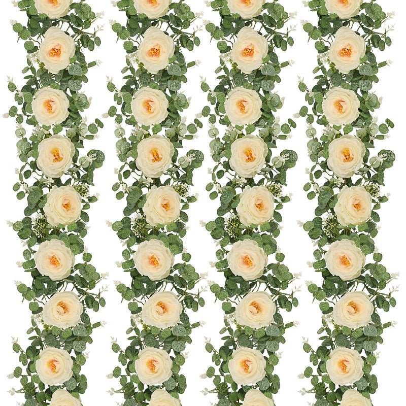 Dolicer 4Pcs 26Ft Artificial Eucalyptus Garlands with Flowers - 8 Camellias  Faux Floral Greenery Garlands Fake Flowers Vines for Wedding Centerpieces Arch Party Ceremony Backdrop Decor (Champagne) - Image 1