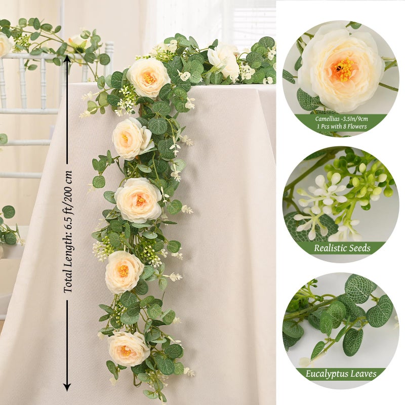 Dolicer 4Pcs 26Ft Artificial Eucalyptus Garlands with Flowers - 8 Camellias  Faux Floral Greenery Garlands Fake Flowers Vines for Wedding Centerpieces Arch Party Ceremony Backdrop Decor (Champagne) - Image 3
