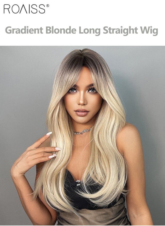 roaiss Ombre Blonde Dark Root Wig with Bangs, Long Hair Wig for Women Straight Synthetic Natural Heat Resistant Fiber Wigs as Real Hair for Daily Wear, Party, Costume, Cosplay, 65CM  - Image 5