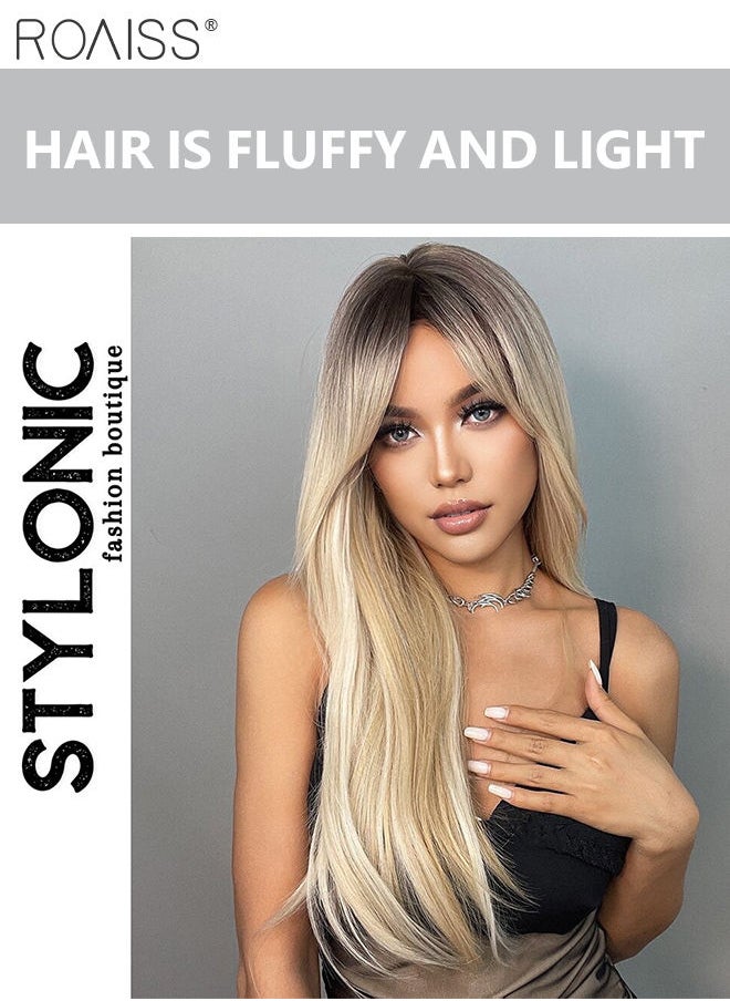 roaiss Ombre Blonde Dark Root Wig with Bangs, Long Hair Wig for Women Straight Synthetic Natural Heat Resistant Fiber Wigs as Real Hair for Daily Wear, Party, Costume, Cosplay, 65CM  - Image 2