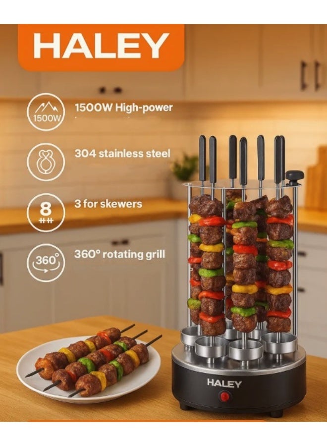 Haley شواية كهربائية من الفولاذ المقاوم للصدأ بقوة 1500 واط، فرن بدون دخان، قوة دوارة مع 8 أسياخ خشبية - Image 5