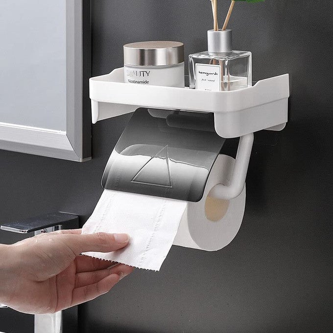 TOILET PAPER HOLDER NAILFREE NONMARKING STICKER MOBILE PHONE SHELF WALLMOUNTED ROLLED PAPER TISSUE BOX WITH LARGECAPACITY WATERPROOF BAFFLE FOR BATHROOM_ GREY