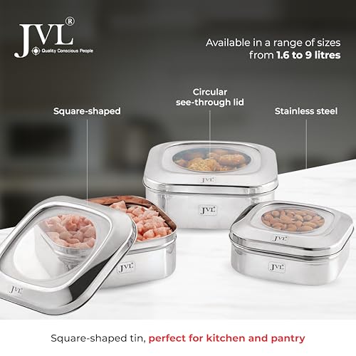 JVL Square Stainless Steel Container, Airtight Steel Canister with See-Through Lid, Stackable Food-Grade Kitchen Storage Box for Snacks, Rice & Flour (900 ml, Mini) - Image 4