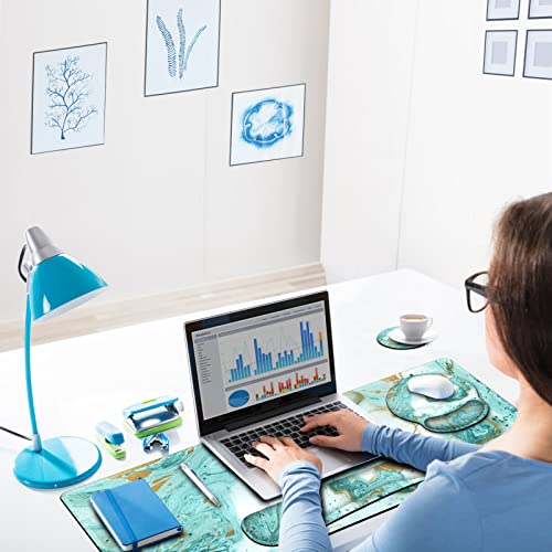 ARTSO Large Mouse Pad Set, Ergonomic Keyboard Wrist Rest Support, Memory Foam Gel Extended Non-Slip Desk Blotter Pad for Office, Home, Teal Turqoise Marble - Image 5