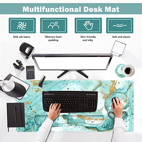 ARTSO Large Mouse Pad Set, Ergonomic Keyboard Wrist Rest Support, Memory Foam Gel Extended Non-Slip Desk Blotter Pad for Office, Home, Teal Turqoise Marble - Image 2