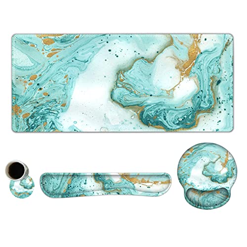 ARTSO Large Mouse Pad Set, Ergonomic Keyboard Wrist Rest Support, Memory Foam Gel Extended Non-Slip Desk Blotter Pad for Office, Home, Teal Turqoise Marble - Image 1