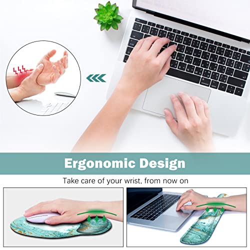 ARTSO Large Mouse Pad Set, Ergonomic Keyboard Wrist Rest Support, Memory Foam Gel Extended Non-Slip Desk Blotter Pad for Office, Home, Teal Turqoise Marble - Image 4