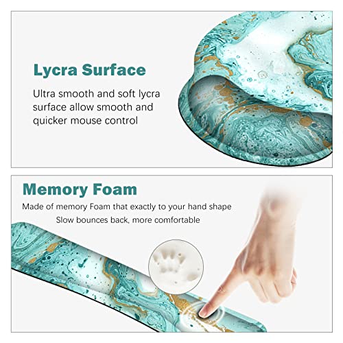 ARTSO Large Mouse Pad Set, Ergonomic Keyboard Wrist Rest Support, Memory Foam Gel Extended Non-Slip Desk Blotter Pad for Office, Home, Teal Turqoise Marble - Image 3