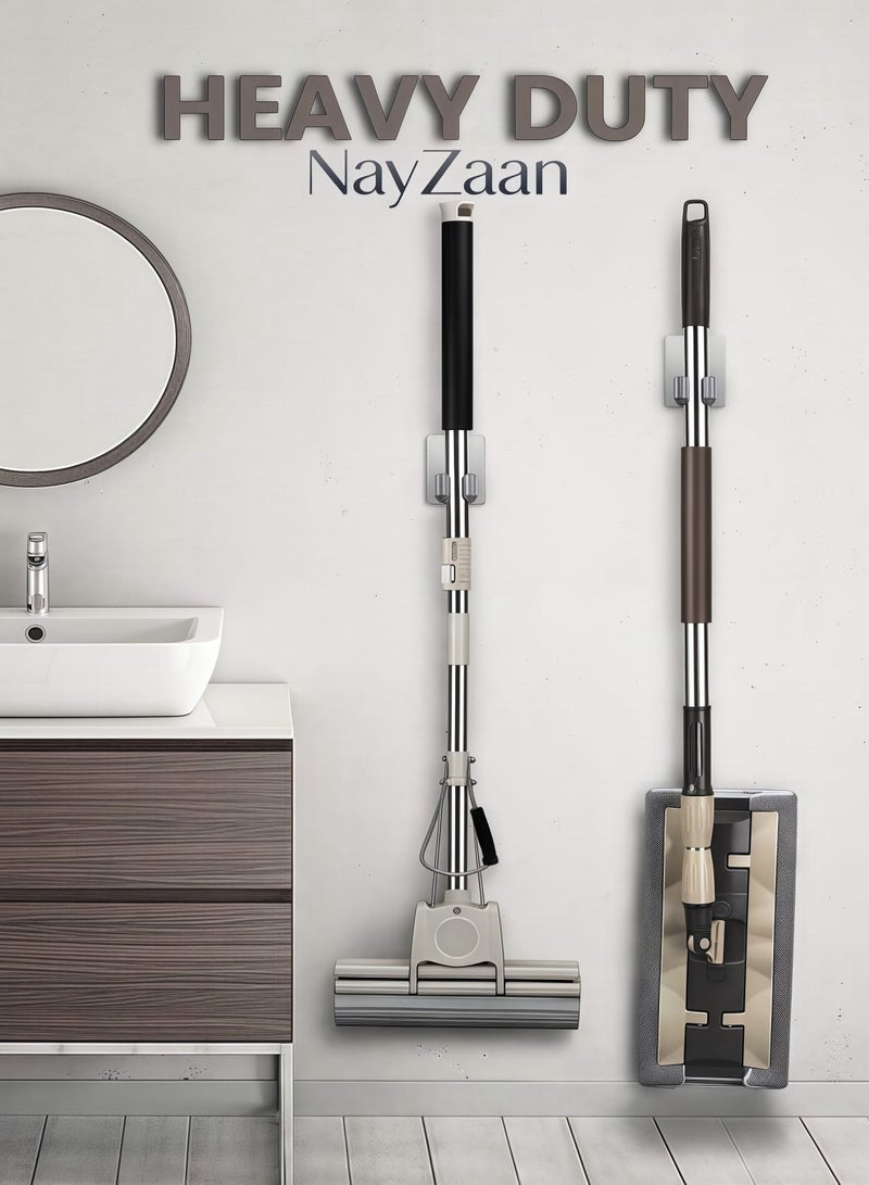 NayZaan 4 Pack Broom & Mop Holder Wall Mount – Improved Super Anti-Slip Grippers, Self-Adhesive No Drilling Design, Fit for Kitchen, Bathroom, Closet, Garden, Garage (Silver) - Image 5
