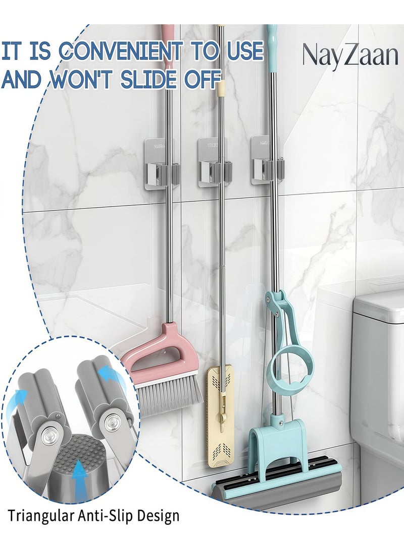 NayZaan 4 Pack Broom & Mop Holder Wall Mount – Improved Super Anti-Slip Grippers, Self-Adhesive No Drilling Design, Fit for Kitchen, Bathroom, Closet, Garden, Garage (Silver) - Image 2